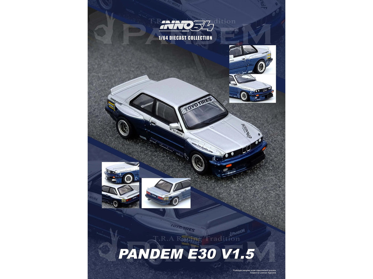 Pandem E30 M3 Silver Metallic and Dark Blue 1/64 Diecast Model Car by Inno Models Inno Models