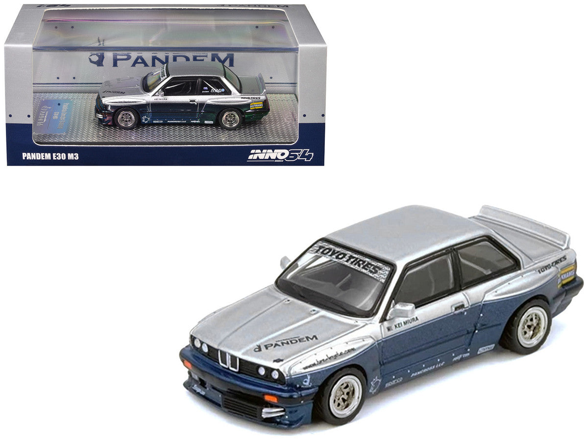 Pandem E30 M3 Silver Metallic and Dark Blue 1/64 Diecast Model Car by Inno Models Inno Models