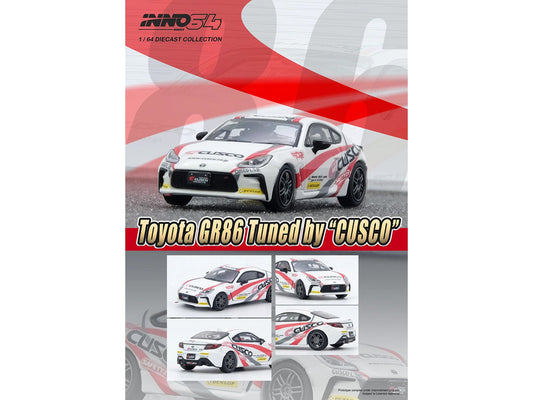 Toyota GR86 Tuned by "CUSCO" RHD (Right Hand Drive) White with Red and Gray Stripes 1/64 Diecast Model Car by Inno Models Inno Models