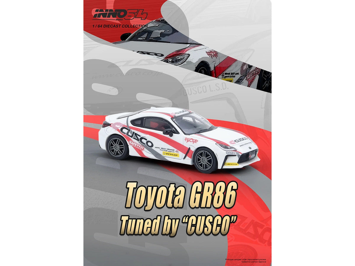 Toyota GR86 Tuned by "CUSCO" RHD (Right Hand Drive) White with Red and Gray Stripes 1/64 Diecast Model Car by Inno Models Inno Models