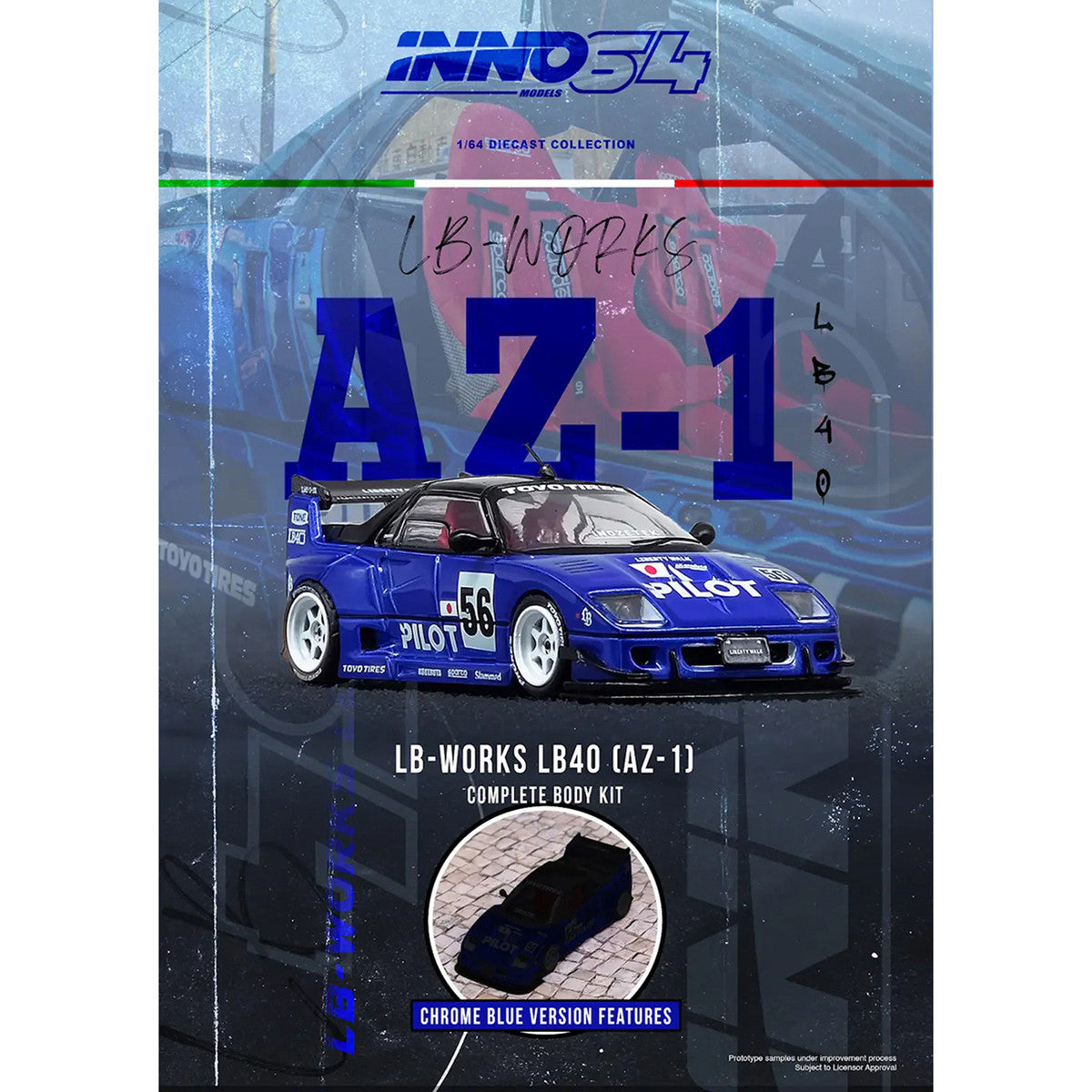 Mazda AZ-1 Liberty Walk LB40 RHD (Right Hand Drive) #56 "Pilot" Blue with Black Top 1/64 Diecast Model Car by Inno Models Inno Models