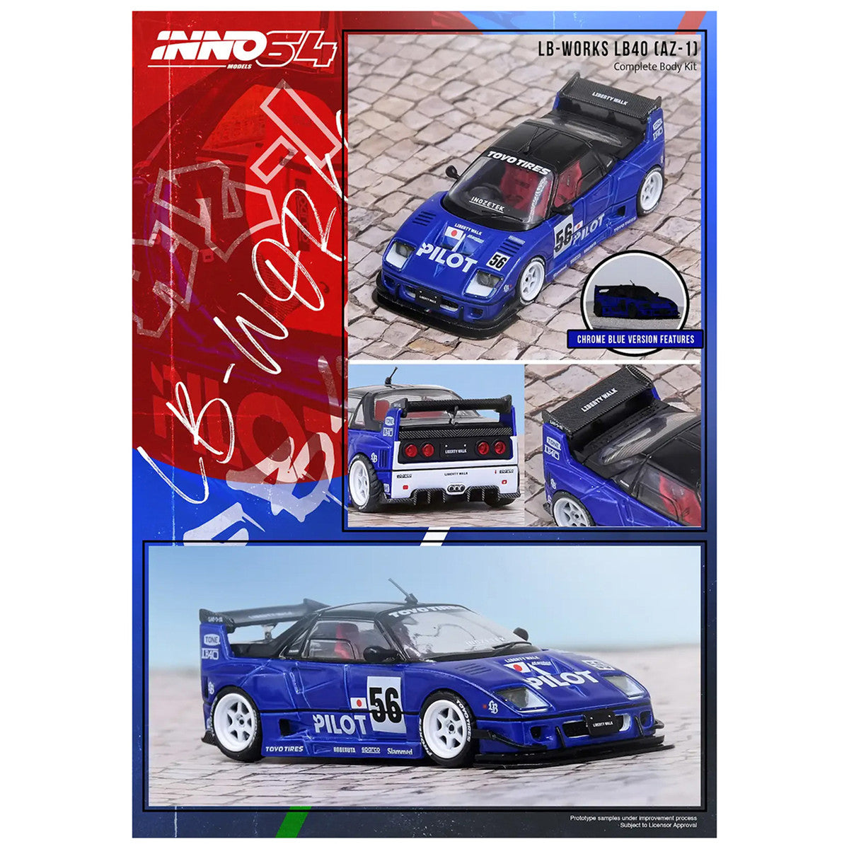Mazda AZ-1 Liberty Walk LB40 RHD (Right Hand Drive) #56 "Pilot" Blue with Black Top 1/64 Diecast Model Car by Inno Models Inno Models