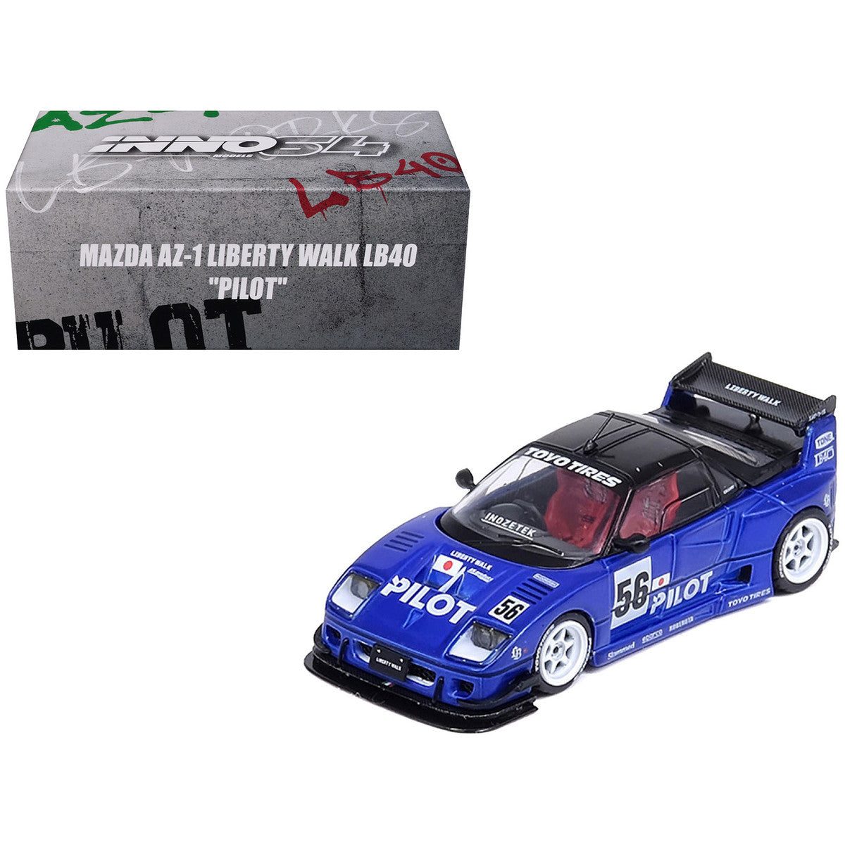 Mazda AZ-1 Liberty Walk LB40 RHD (Right Hand Drive) #56 "Pilot" Blue with Black Top 1/64 Diecast Model Car by Inno Models Inno Models