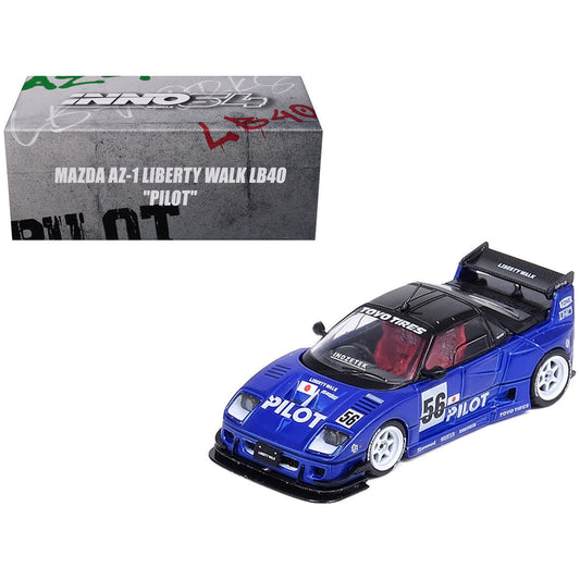 Mazda AZ-1 Liberty Walk LB40 RHD (Right Hand Drive) #56 "Pilot" Blue with Black Top 1/64 Diecast Model Car by Inno Models Inno Models