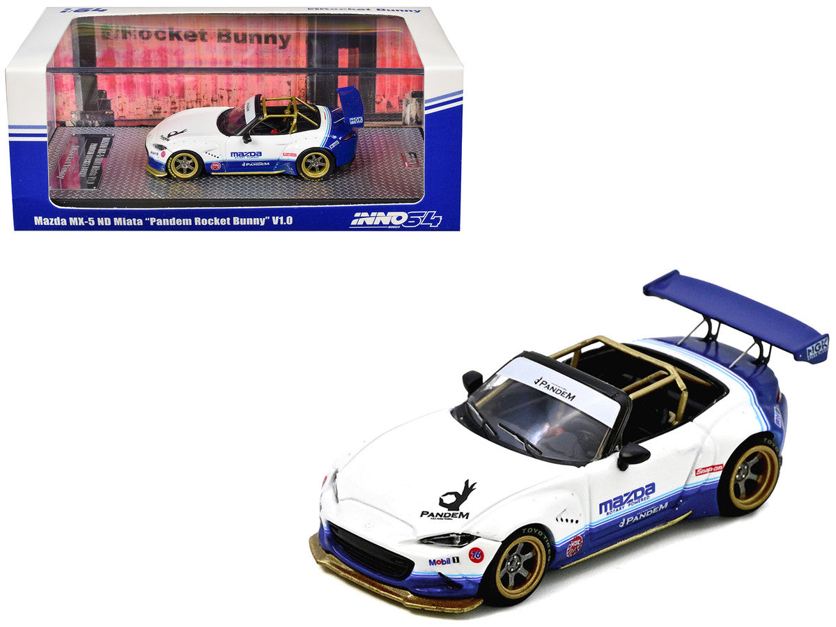 Mazda MX-5 ND Miata "Pandem Rocket Bunny" V1.0 White and Blue 1/64 Diecast Model Car by Inno Models Inno Models