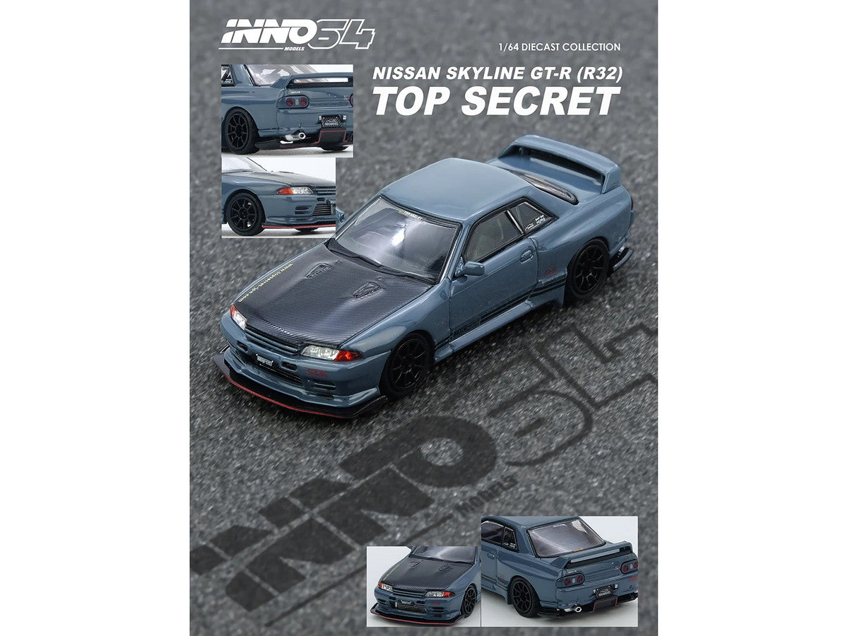 Nissan Skyline "Top Secret" GT-R (R32) RHD (Right Hand Drive) Stealth Gray with Carbon Hood 1/64 Diecast Model Car by Inno Models Inno Models