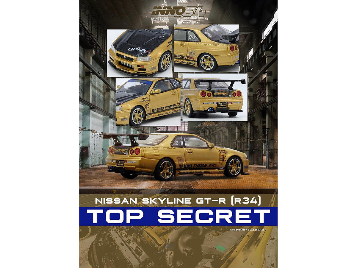 Nissan Skyline GT-R (R34) RHD (Right Hand Drive) "Top Secret" Gold Metallic with Carbon Hood and Trunk 1/64 Diecast Model Car by Inno Models Inno Models