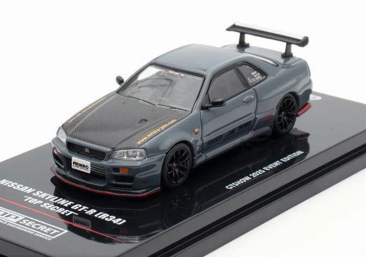 Nissan Skyline GT-R (R34) "Top Secret" RHD (Right Hand Drive) Stealth Gray with Carbon Hood "GTSHOW 2025 Event Edition" 1/64 Diecast Model Car by Inno Models-1