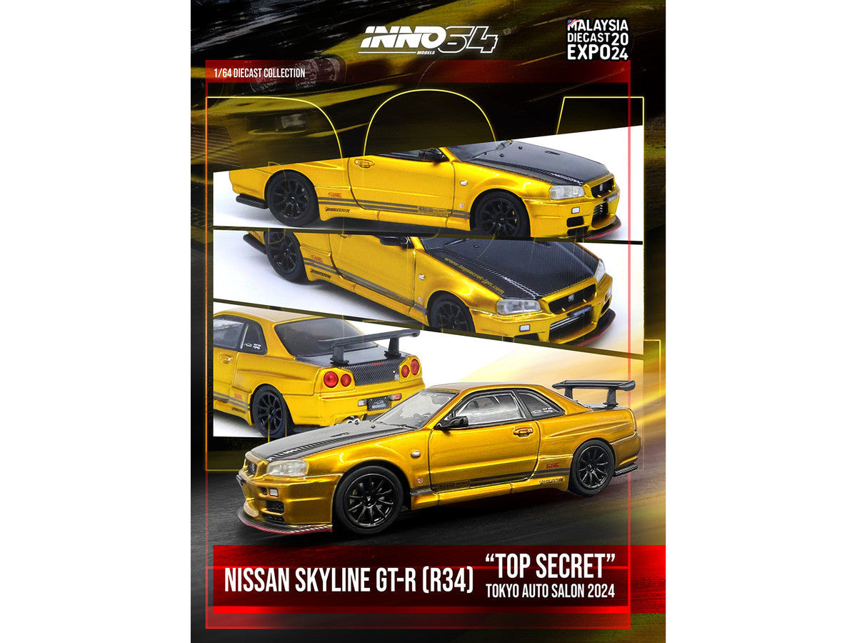 Nissan Skyline GT-R (R34) "Top Secret" RHD (Right Hand Drive) Gold Metallic with Carbon Hood and Trunk "Tokyo Auto Salon 2024 - Malaysia Diecast Expo 2024" 1/64 Diecast Model Car by Inno Models Inno Models