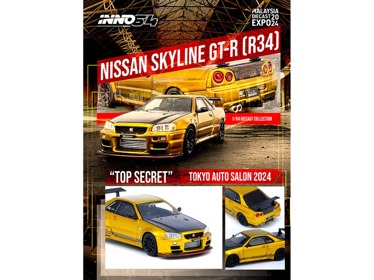 Nissan Skyline GT-R (R34) "Top Secret" RHD (Right Hand Drive) Gold Metallic with Carbon Hood and Trunk "Tokyo Auto Salon 2024 - Malaysia Diecast Expo 2024" 1/64 Diecast Model Car by Inno Models Inno Models