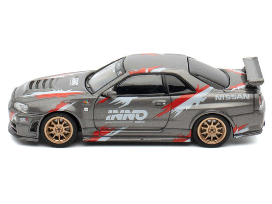 Nissan Skyline GT-R (R34) Z-Tune RHD (Right Hand Drive) Gray Metallic with Graphics "Indonesia Diecast Expo 2024 Exclusive Edition" 1/64 Diecast Model Car by Inno Models-0