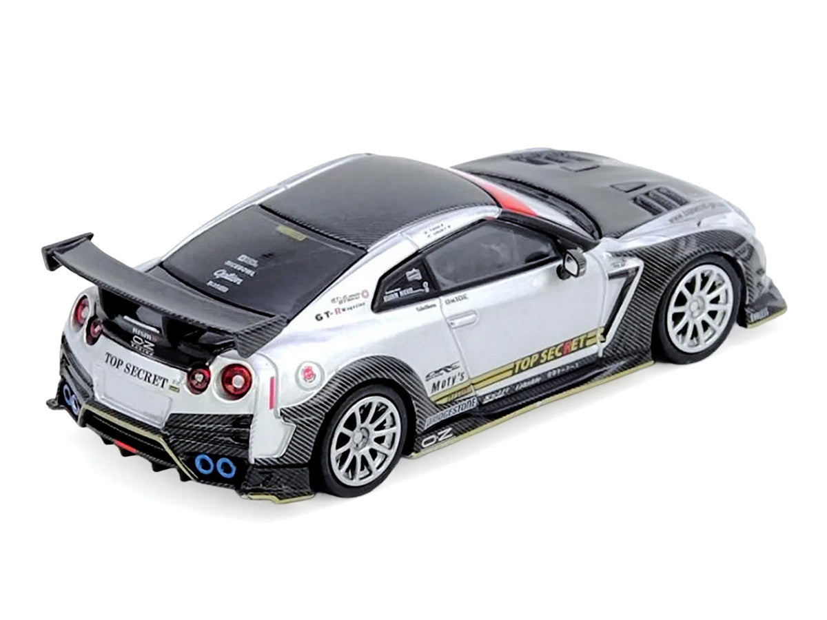 Nissan GT-R (R35) Top Secret RHD (Right Hand Drive) Silver Metallic with Carbon Hood and Top "Tokyo Auto Salon Hong Kong 2025 Event Edition" 1/64 Diecast Model Car by Inno Models-1