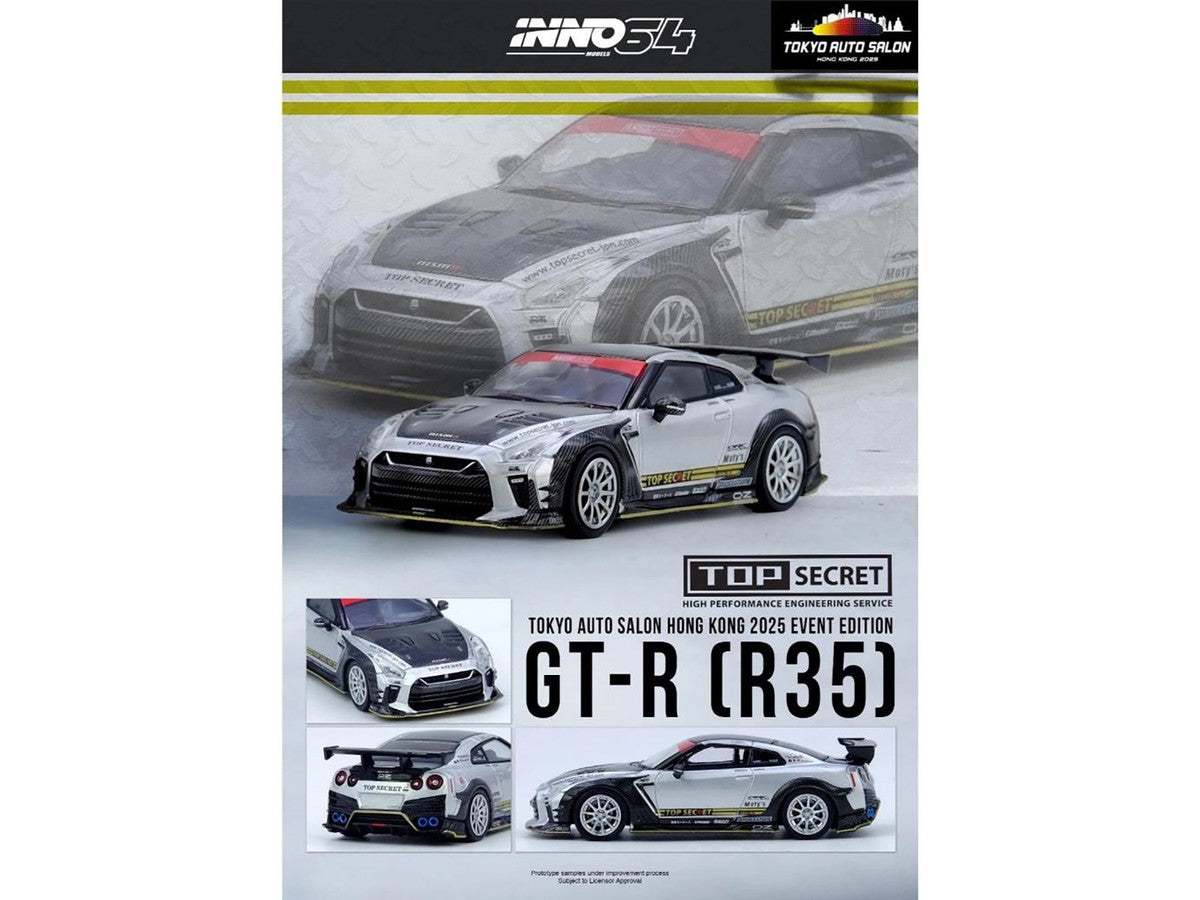 Nissan GT-R (R35) Top Secret RHD (Right Hand Drive) Silver Metallic with Carbon Hood and Top "Tokyo Auto Salon Hong Kong 2025 Event Edition" 1/64 Diecast Model Car by Inno Models-2