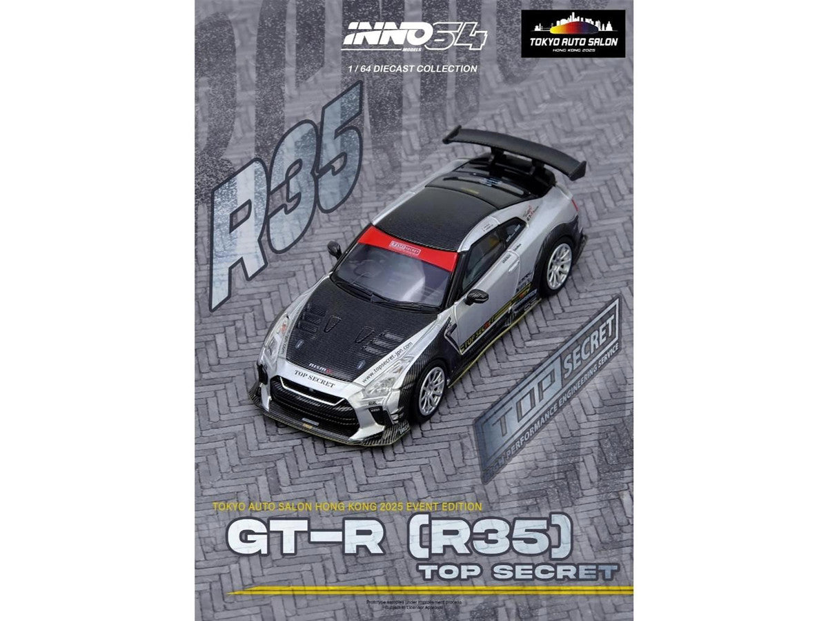Nissan GT-R (R35) Top Secret RHD (Right Hand Drive) Silver Metallic with Carbon Hood and Top "Tokyo Auto Salon Hong Kong 2025 Event Edition" 1/64 Diecast Model Car by Inno Models-3