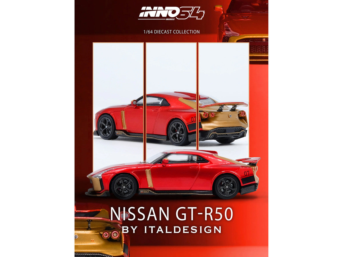 Nissan GT-R50 By ItalDesign Red Metallic with Gold Accents 1/64 Diecast Model Car by Inno Models Inno Models