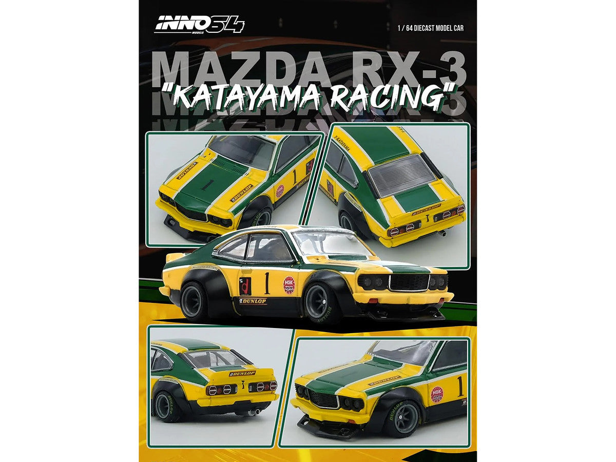 Mazda RX-3 Savanna RHD (Right Hand Drive) #1 "Katayama Racing Livery" Green and Yellow Striped 1/64 Diecast Model Car by Inno Models Inno Models