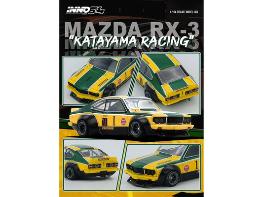 Mazda RX-3 Savanna RHD (Right Hand Drive) #1 "Katayama Racing Livery" Green and Yellow Striped 1/64 Diecast Model Car by Inno Models Inno Models
