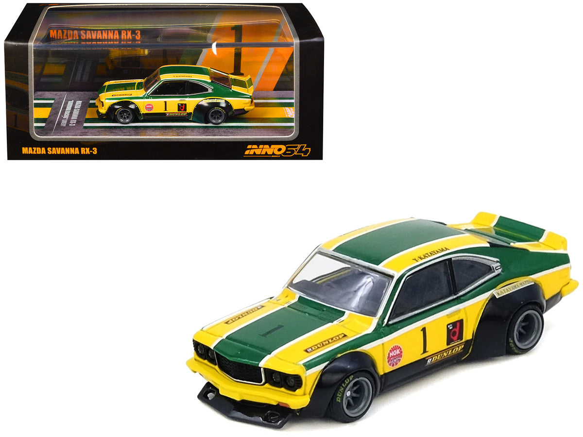 Mazda RX-3 Savanna RHD (Right Hand Drive) #1 "Katayama Racing Livery" Green and Yellow Striped 1/64 Diecast Model Car by Inno Models Inno Models