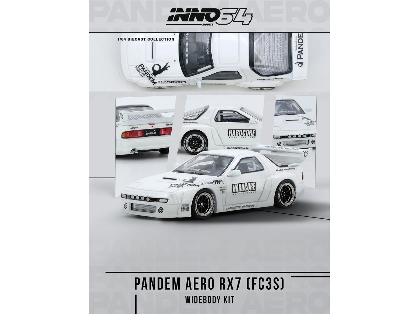 Mazda RX7 (FC3S) "Pandem Aero" Widebody Kit White with Graphics 1/64 Diecast Model Car by Inno Models