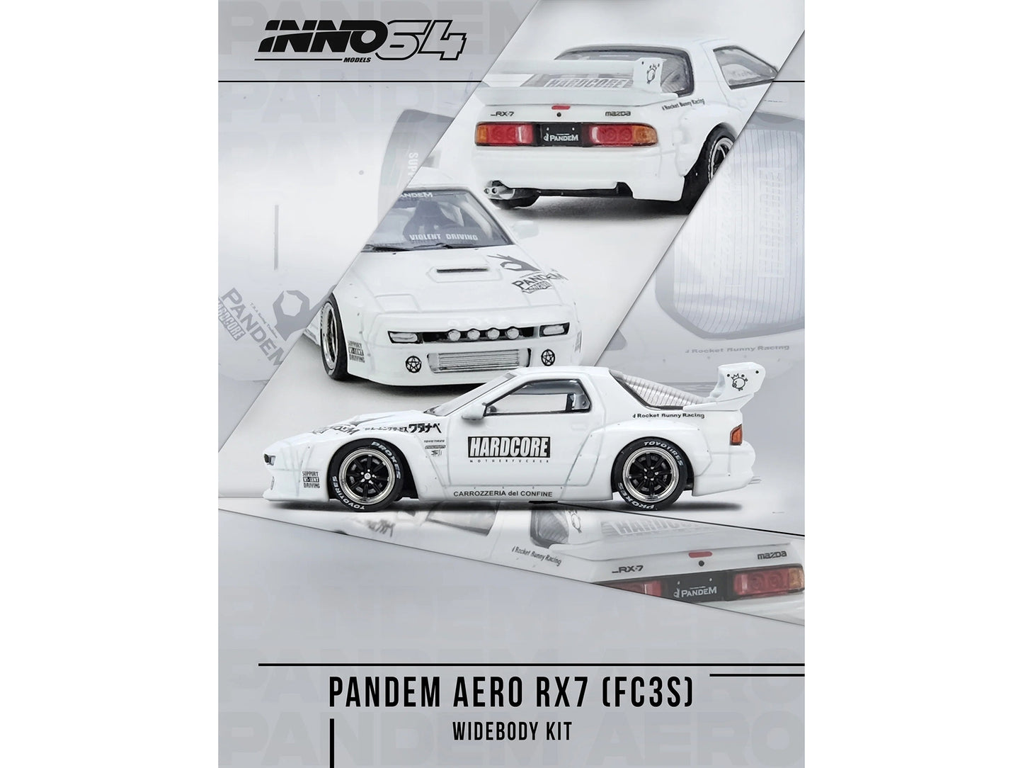 Mazda RX7 (FC3S) "Pandem Aero" Widebody Kit White with Graphics 1/64 Diecast Model Car by Inno Models