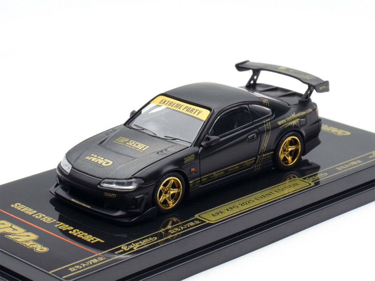 Nissan "Top Secret" Silvia (S15) RHD (Right Hand Drive) Matt Black with Carbon Hood "APA XPO 2025 Event Edition VIP Ticket Bundle" 1/64 Diecast Model Car by Inno Models-0