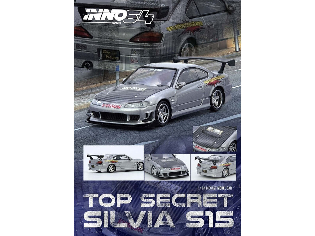 Nissan "Top Secret" Silvia (S15) RHD (Right Hand Drive) Silver Metallic with Carbon Hood 1/64 Diecast Model Car by Inno Models-3