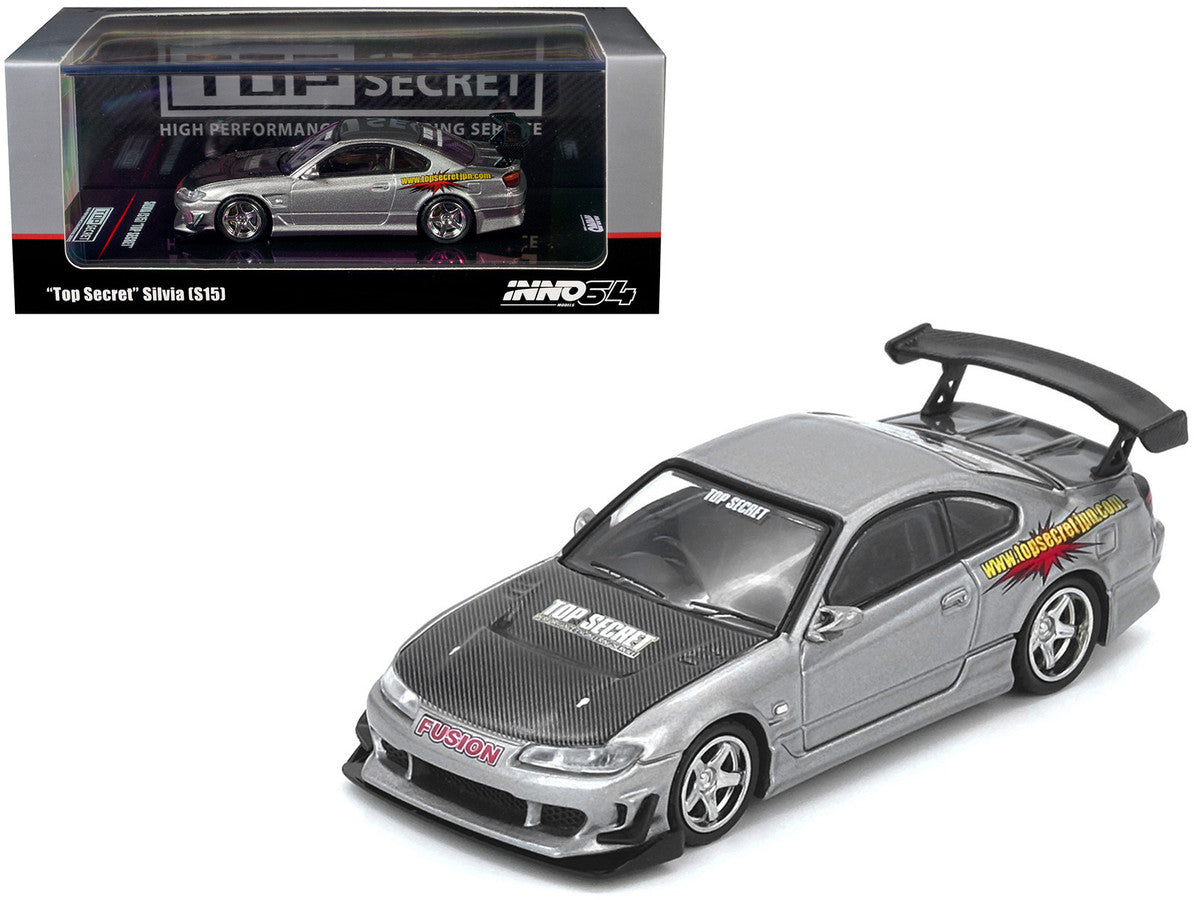 Nissan "Top Secret" Silvia (S15) RHD (Right Hand Drive) Silver Metallic with Carbon Hood 1/64 Diecast Model Car by Inno Models-0