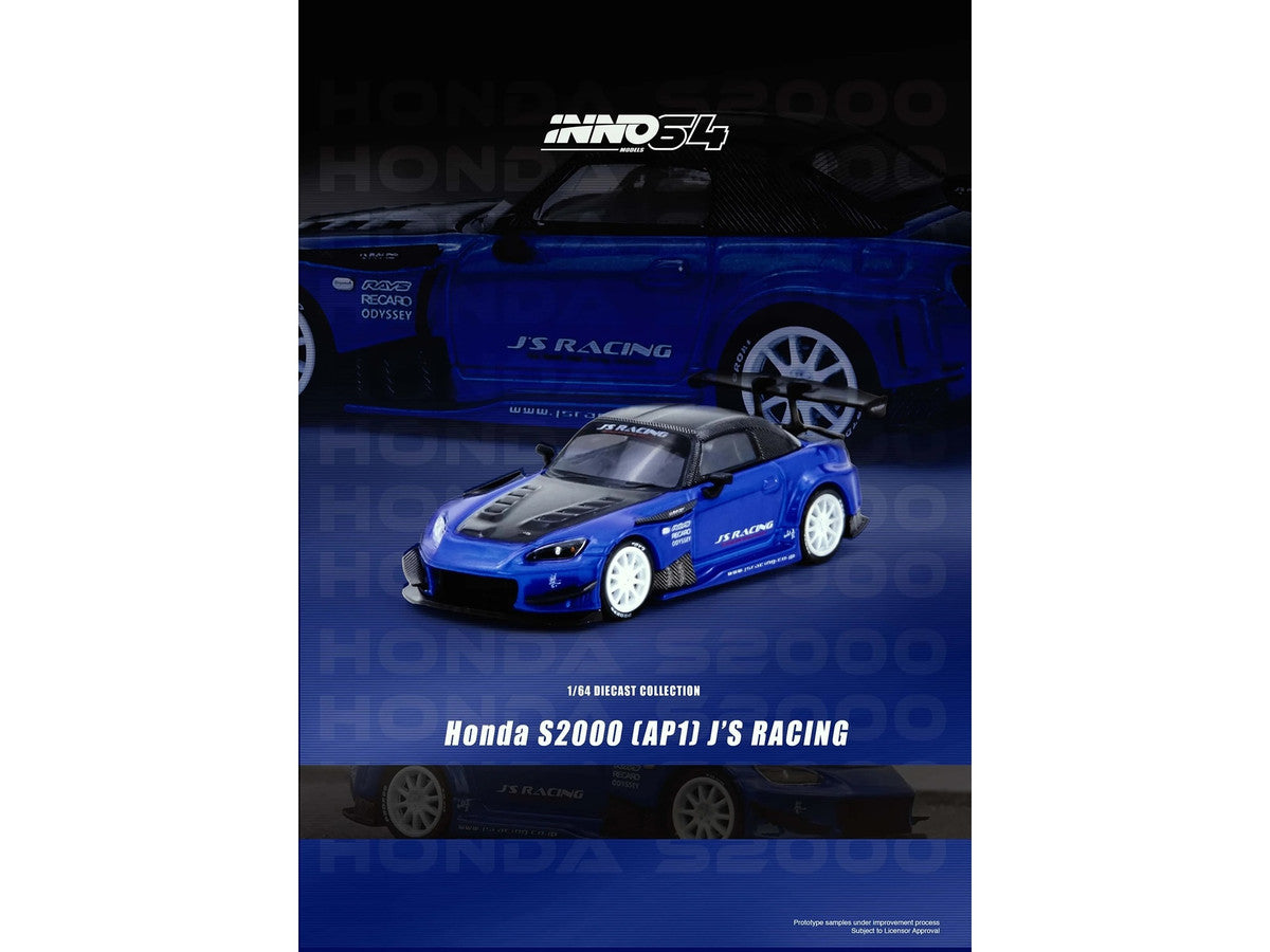 Honda S2000 RHD (Right Hand Drive) "J's Racing" Blue Metallic with Carbon Hood and Top 1/64 Diecast Model Car by Inno Models-0