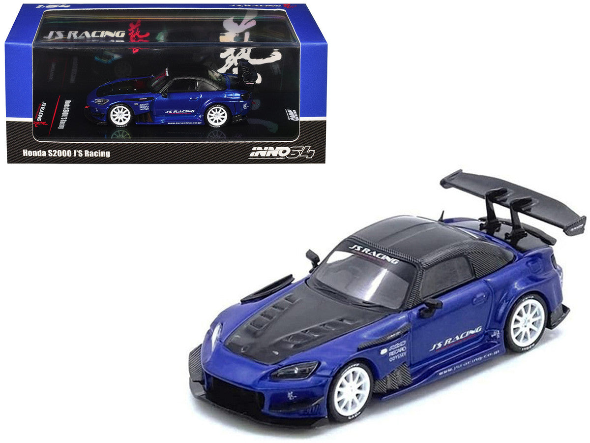 Honda S2000 RHD (Right Hand Drive) "J's Racing" Blue Metallic with Carbon Hood and Top 1/64 Diecast Model Car by Inno Models-4