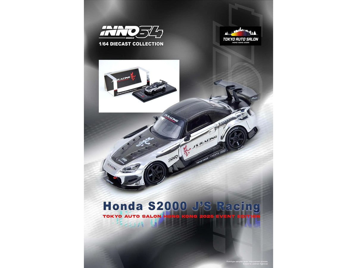 Honda S2000 RHD (Right Hand Drive) "J's Racing" Chrome Silver with Carbon Hood and Top with Graphics "Tokyo Auto Salon Hong Kong 2025 Event Edition" 1/64 Diecast Model Car by Inno Models-4
