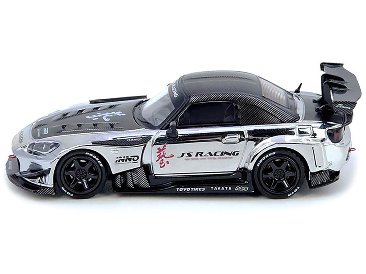 Honda S2000 RHD (Right Hand Drive) "J's Racing" Chrome Silver with Carbon Hood and Top with Graphics "Tokyo Auto Salon Hong Kong 2025 Event Edition" 1/64 Diecast Model Car by Inno Models-1