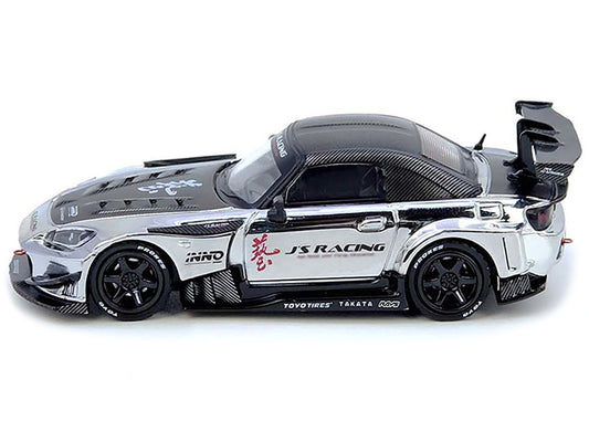 Honda S2000 RHD (Right Hand Drive) "J's Racing" Chrome Silver with Carbon Hood and Top with Graphics "Tokyo Auto Salon Hong Kong 2025 Event Edition" 1/64 Diecast Model Car by Inno Models-1
