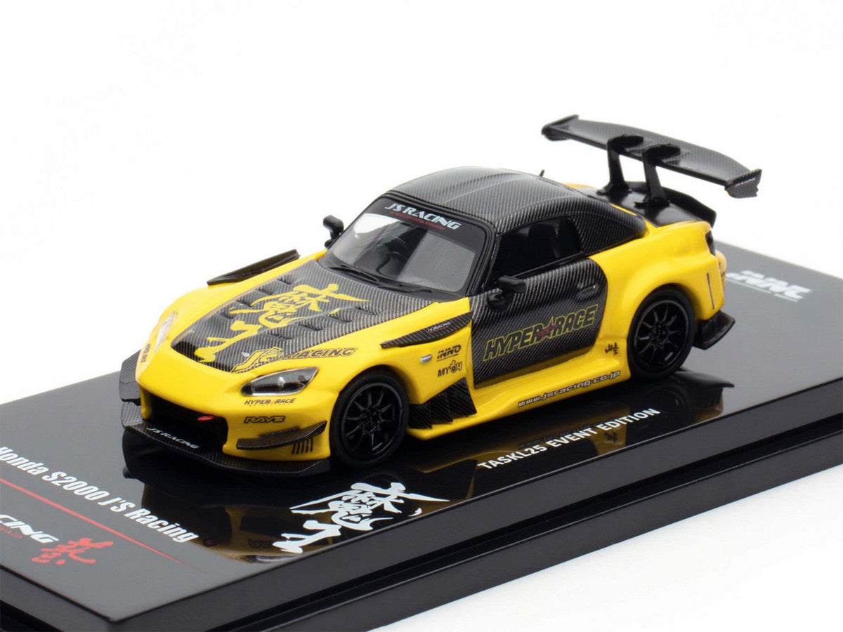 Honda S2000 RHD (Right Hand Drive) "J's Racing" Yellow with Carbon Hood and Top with Graphics "Tokyo Auto Salon Kuala Lumpur 2025 Event Edition" 1/64 Diecast Model Car by Inno Models-0