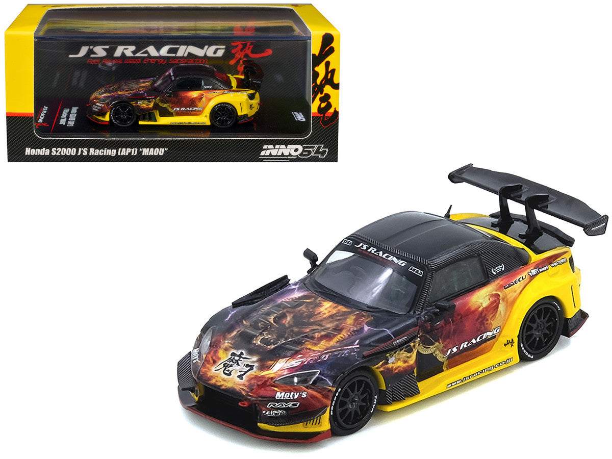 Honda S2000 (AP1) RHD (Right Hand Drive) "J's Racing - Maou" Yellow with Carbon Top with Graphics 1/64 Diecast Model Car by Inno Models-0
