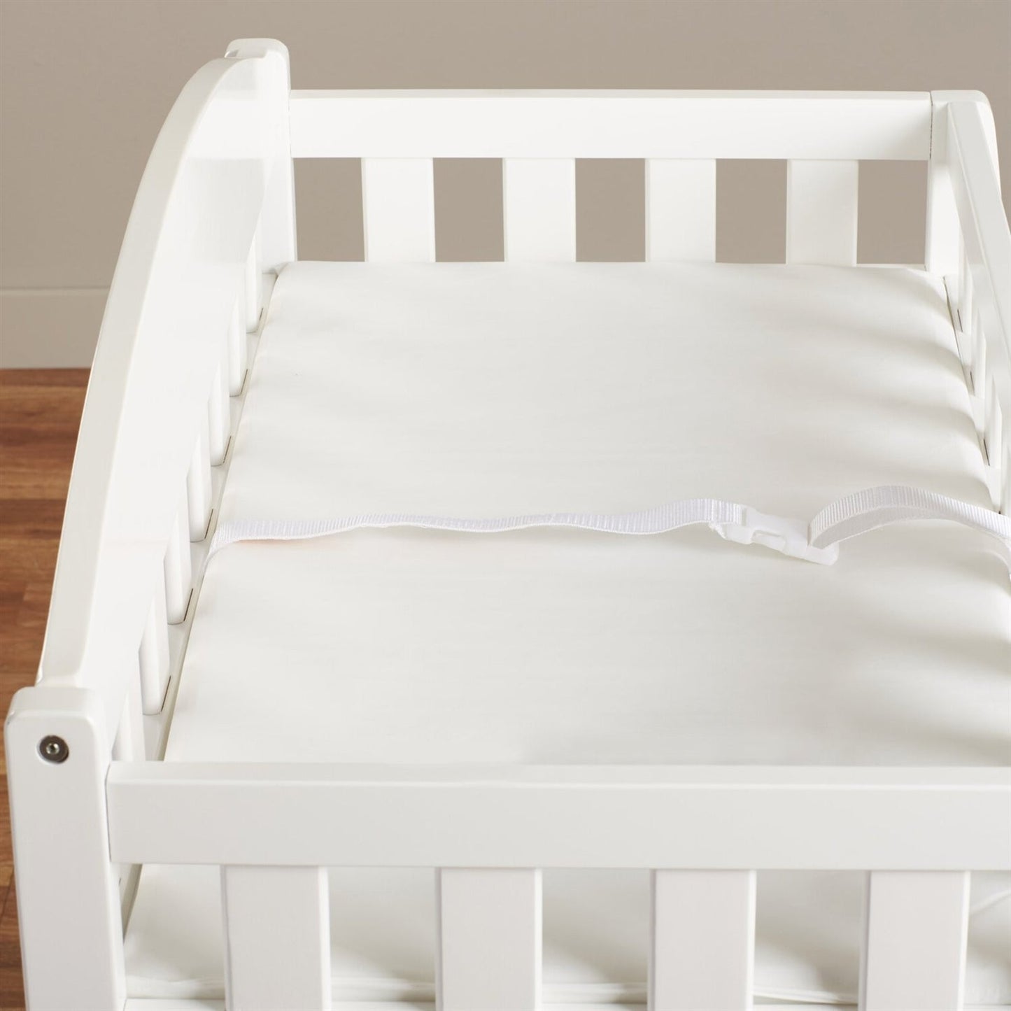 Modern White Wooden Baby Changing Table with Safety Rail Pad and Strap FastFurnishings