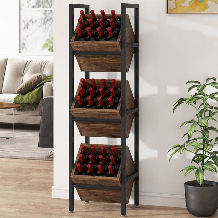 Rustic Farmhouse Industrial 3 Bin 36 Bottle Wine Rack Storage Display Shelf FastFurnishings