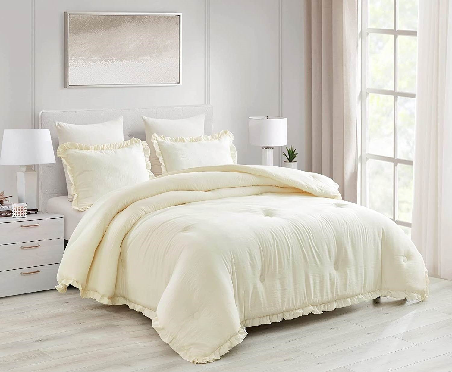 Full Size Ivory Microfiber 3-Piece Comforter Set with Ruffled Edge Trim FastFurnishings