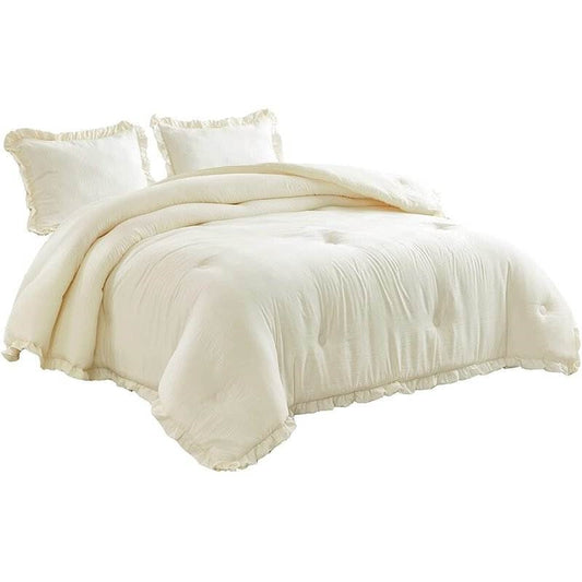 Full Size Ivory Microfiber 3-Piece Comforter Set with Ruffled Edge Trim FastFurnishings