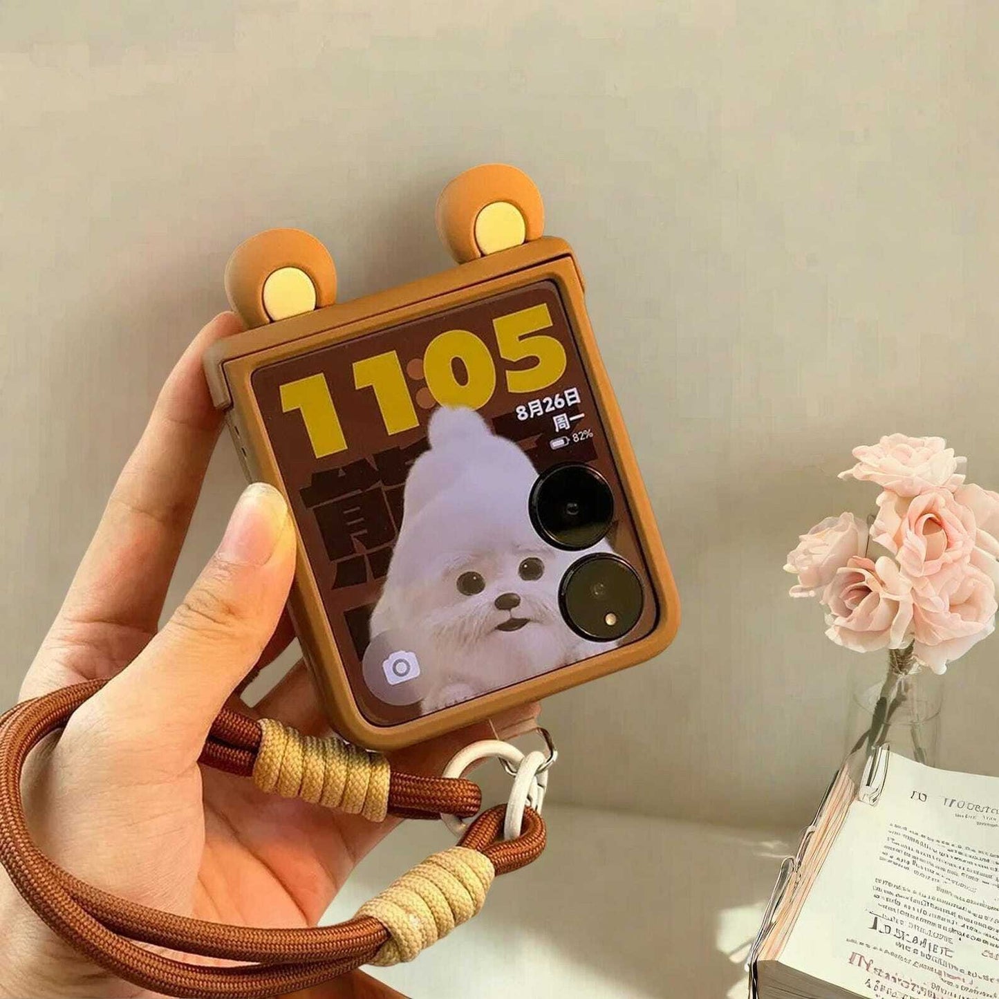 Cute Ears Hand Strap Hinge Case for Xiaomi MIX Flip - Stylish Protective Cover with Secure Chain Loop for MIX Flip Phones W2B