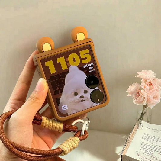 Cute Ears Hand Strap Hinge Case for Xiaomi MIX Flip - Stylish Protective Cover with Secure Chain Loop for MIX Flip Phones W2B