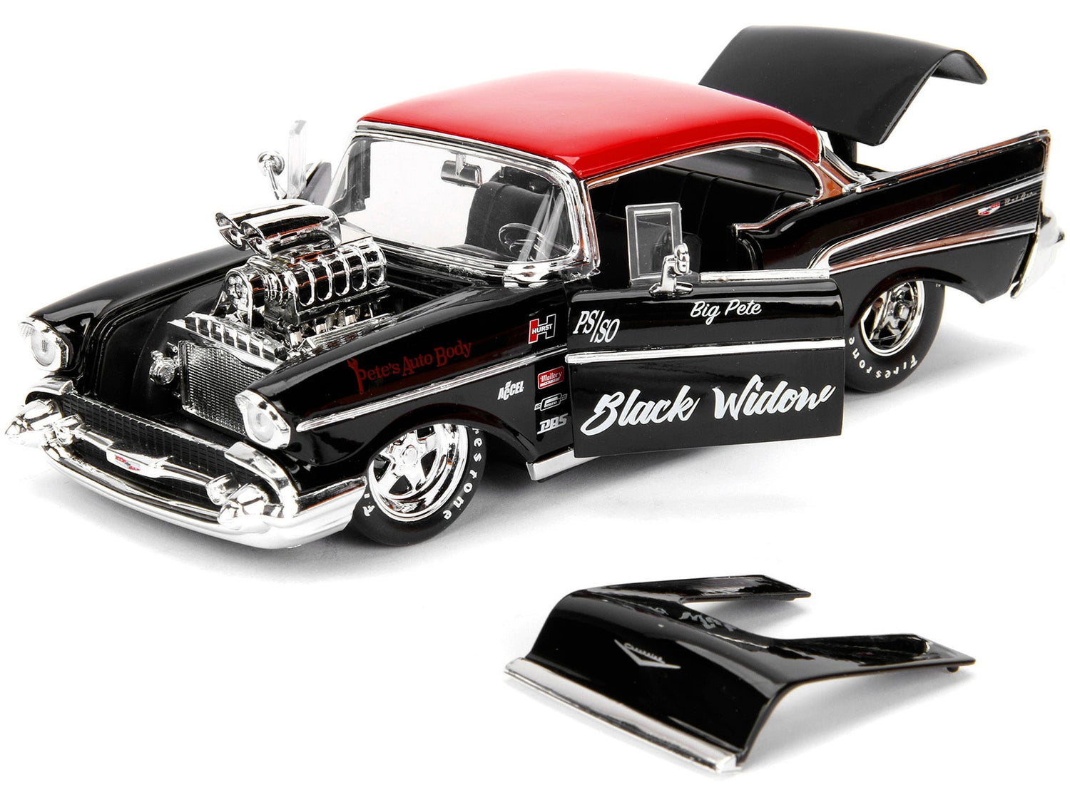 1957 Chevrolet Bel Air Black with Red Top "Pete's Auto Body: Black Widow" "Bigtime Muscle" Series 1/24 Diecast Model Car by Jada W2B