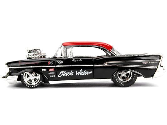 1957 Chevrolet Bel Air Black with Red Top "Pete's Auto Body: Black Widow" "Bigtime Muscle" Series 1/24 Diecast Model Car by Jada W2B