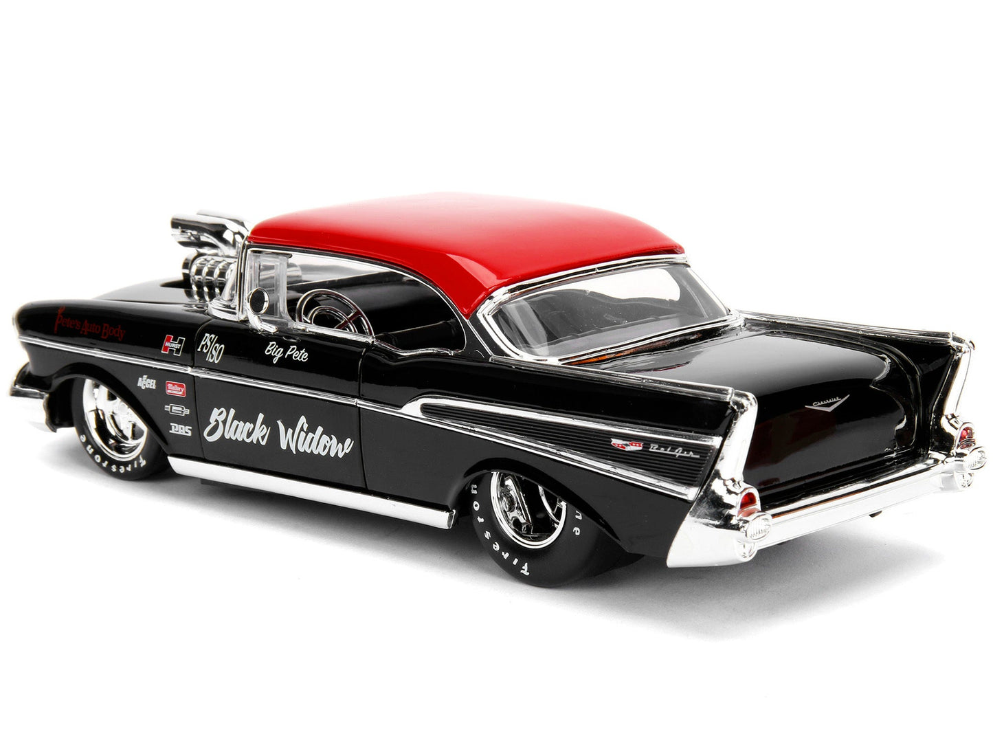 1957 Chevrolet Bel Air Black with Red Top "Pete's Auto Body: Black Widow" "Bigtime Muscle" Series 1/24 Diecast Model Car by Jada W2B
