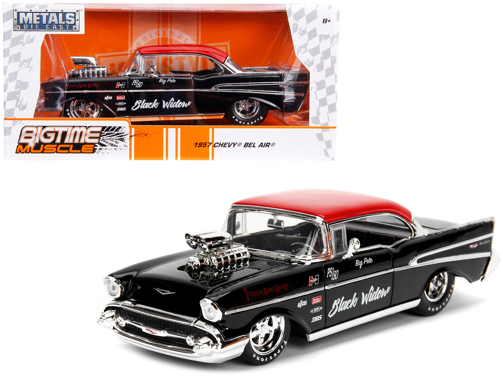 1957 Chevrolet Bel Air Black with Red Top "Pete's Auto Body: Black Widow" "Bigtime Muscle" Series 1/24 Diecast Model Car by Jada W2B