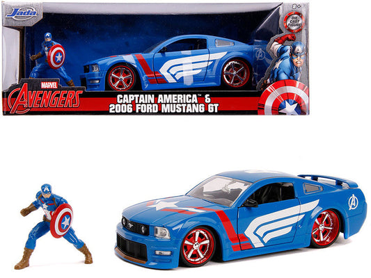 2006 Ford Mustang GT with Captain America Diecast Figurine "Avengers" "Marvel" Series 1/24 Diecast Model Car by Jada Jada