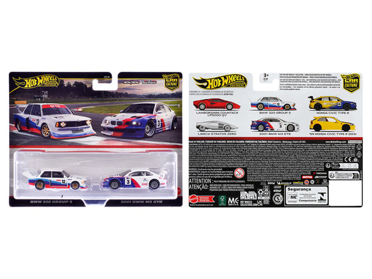 BMW 320 Group 5 #12 White with Stripes and 2001 BMW M3 GTR #3 White with Stripes "Car Culture" Set of 2 Cars Diecast Model Cars by Hot Wheels-0