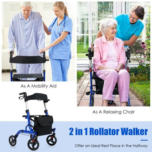 Folding Aluminum Rollator Walker with 8 inch Wheels and Seat-Blue - Color: Blue W2B