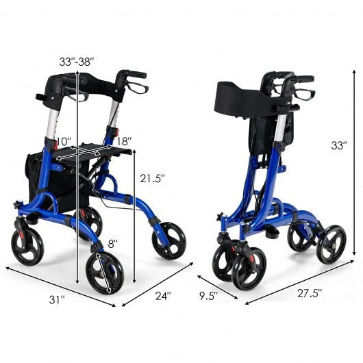 Folding Aluminum Rollator Walker with 8 inch Wheels and Seat-Blue - Color: Blue W2B