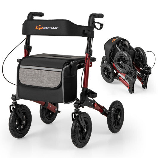 Goplus Walker for Seniors Folding Rollator Walker with 9" Pneumatic Tires for All Terrain Red W2B