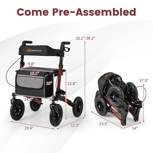 Goplus Walker for Seniors Folding Rollator Walker with 9" Pneumatic Tires for All Terrain Red W2B